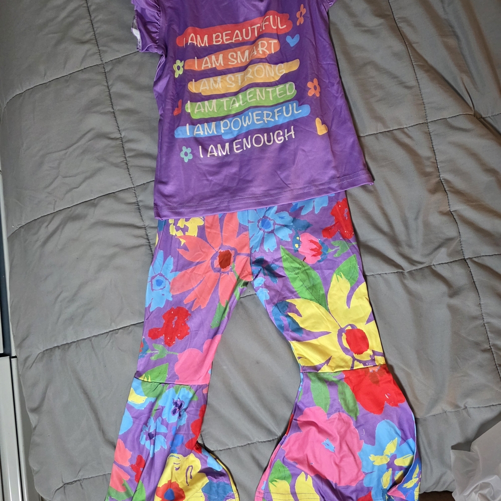 Purple Affirmation Tee & Colorful Floral Bell-Bottom Leggings Set